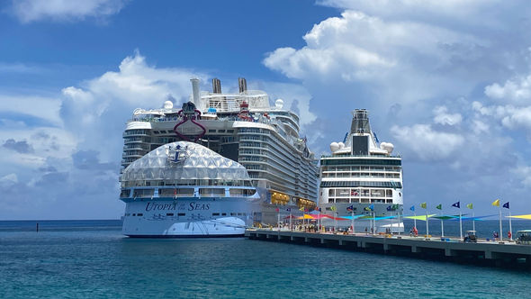 The Utopia of the Seas, which sails short cruises from Port Canaveral, at Royal Caribbean private island Perfect Day at Coco Cay.